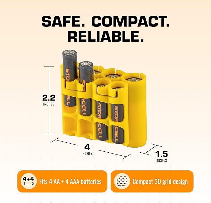 Storacell AA + AAA Combo Battery Storage Caddy and Dispenser (Pack of 2), Yellow, Holds 4 AA + 4 AAA Batteries (Not Included), Durable & Compact, The Original Battery Caddy, Made in USA