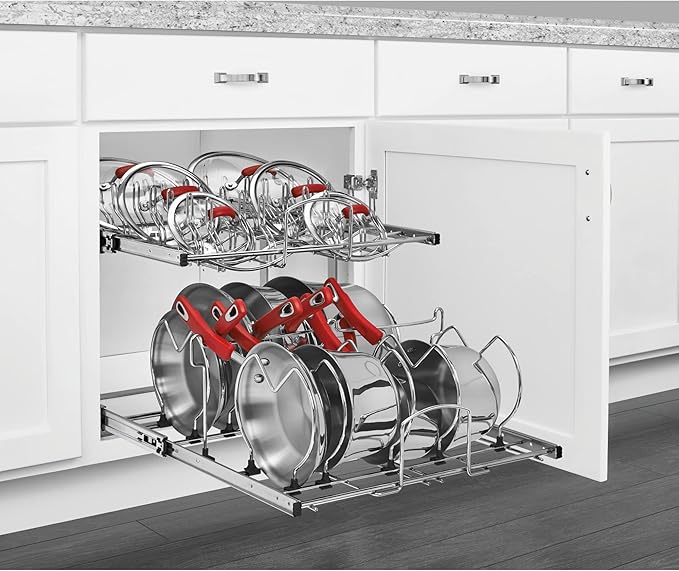 Rev-A-Shelf 2-Tier Kitchen Cabinet Pullout 20.75" Cabinet Organizer for Pots, Pans, and Lid Cookware, Adjustable Heavy Duty Wire, Chrome, 5CW2-2122-CR