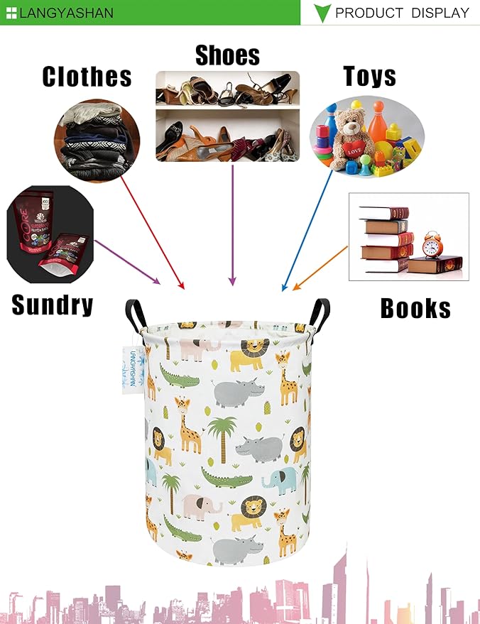 LANGYASHAN Laundry Basket Canvas Fabric Collapsible Organizer Basket for Storage Bin Toy Bins Gift Baskets Bedroom Clothes Children Nursery Hamper (Animal)