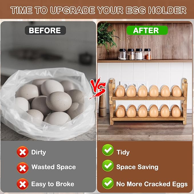 Wooden Egg Holder Countertop, Stackable Wooden Egg Storage & Organizer, 2-Tier /24-Hole Farmhouse Eggs Rack Wood with Handle for Fresh Eggs to Store Chicken/Duck/Quail/Turkey/Easter Egg