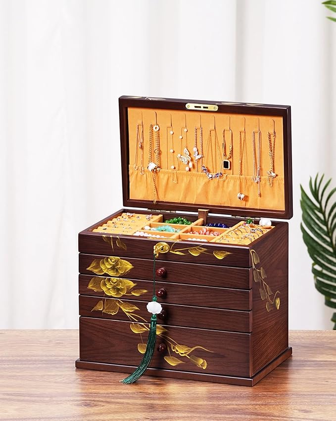 Hand-drawn rose Jewelry Box Wood for Wowen,6-Layer Wooden Jewelry Organizer Boxes with 4 Drawers dresser, Vintage Multi-functional Jewelry Storage Case with lock