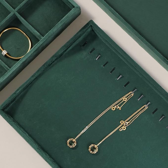 Velvet Jewelry Display Tray For Bracelet Pendant Necklace, Multi-Slot Stackable Storage Tray For Long Chain Jewelries, Drawer Insert Jewelry Organizer (Green)