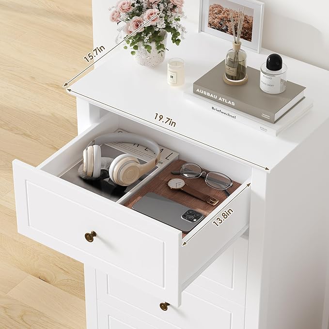 TTVIEW 4 Drawer Dresser, White Dresser Antique Chest of Drawers with Solid Frame, Tall Wood Storage Chest Cabinet for Living Room, Bathroom, Entryway, White