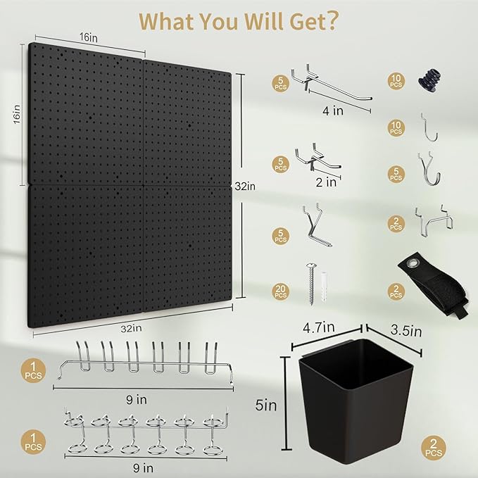 FZK Pegboard 32"*32",Black Pegboard 4pcs and 46 Peg Board Hooks with Strong Ribs Back Holds up for 200Ib,Peg Board Organizer for Walls for Garage Workshop Office