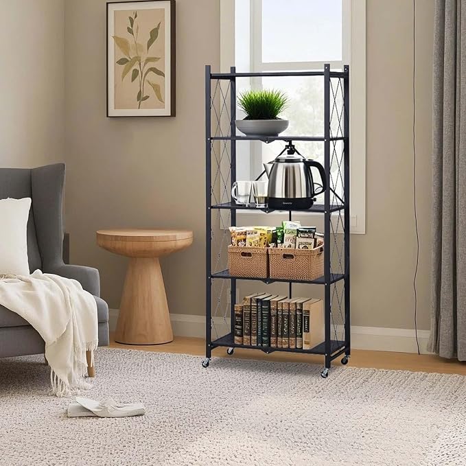 GlowSol 5 Tiers Folding Storage Shelves with Wheels-62.6" No Assembly Rolling Collapsible Shelves, Utility Metal Shelving Rack for Pantry,Kitchen and Garage,300kg Capacity