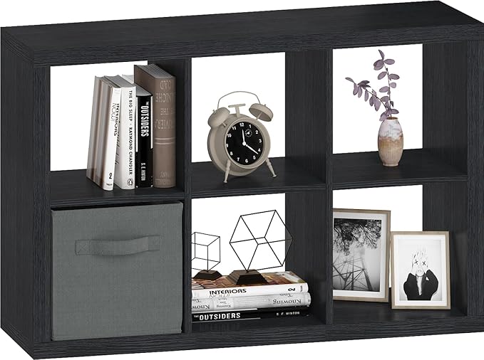 6 Cube Organizer, Cube Storage Organizer with Fabric Bin, Cube Storage Shelf for Bedroom, Living Room, Office, Modular Bookshelf Organizer for Books, Closet, Black