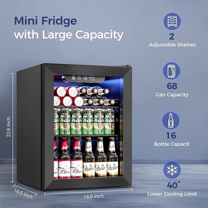 Beverage Refrigerator Cooler - 16 Bottle 68 Can Mini Fridge with Glass Door, Soda Wine Beer Drink Fridge - Small Refrigerator for Office Home Bedroom Dorm Bar, 1.7 Cu.Ft, Black