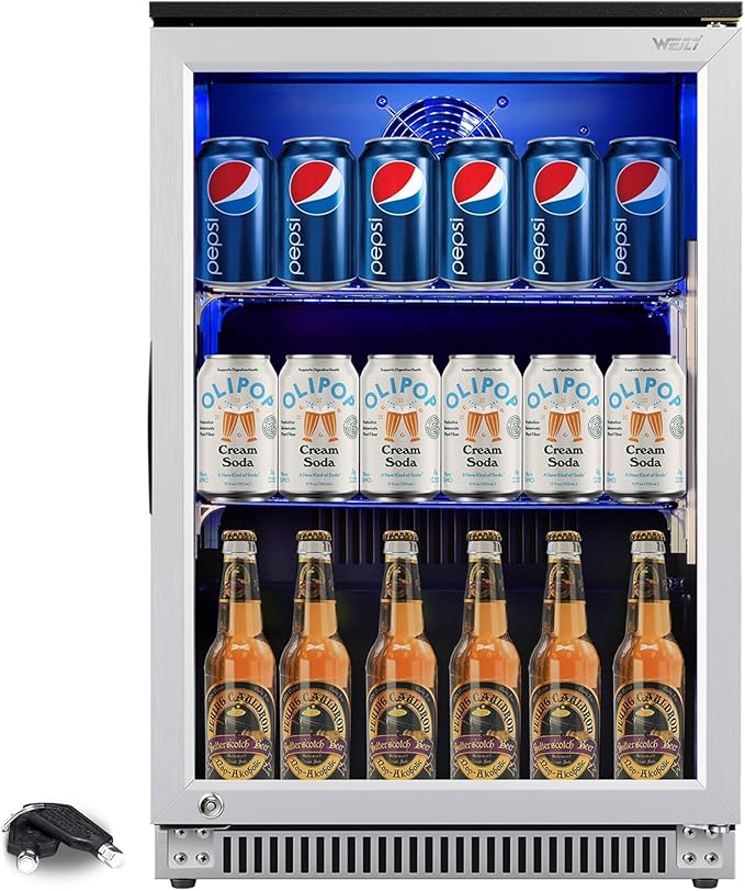 Weili 20 Inch Built in Beverage Refrigerator with Lock, Under Counter or Freestanding 120 Can Soda Beer Drink Cooler Fridge with Stainless Steel and Glass Door