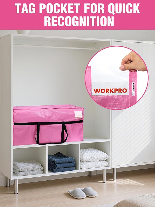 WORKPRO 1 Pack 66 Gallon Extra Large Moving Bag with Zippers, Carry Handles, Heavy-Duty, Water-Resistant Storage Totes for Moving & Space-Saving Organization, Pink
