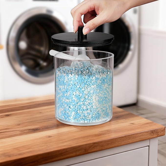 SheeChung 1 Pack 50 Oz Large Apothecary Jar with Bamboo Lid, Laundry Pods Container, Storage Jars for Bathroom Organization, Plastic Canisters with Cute Stickers Spoons(Black)