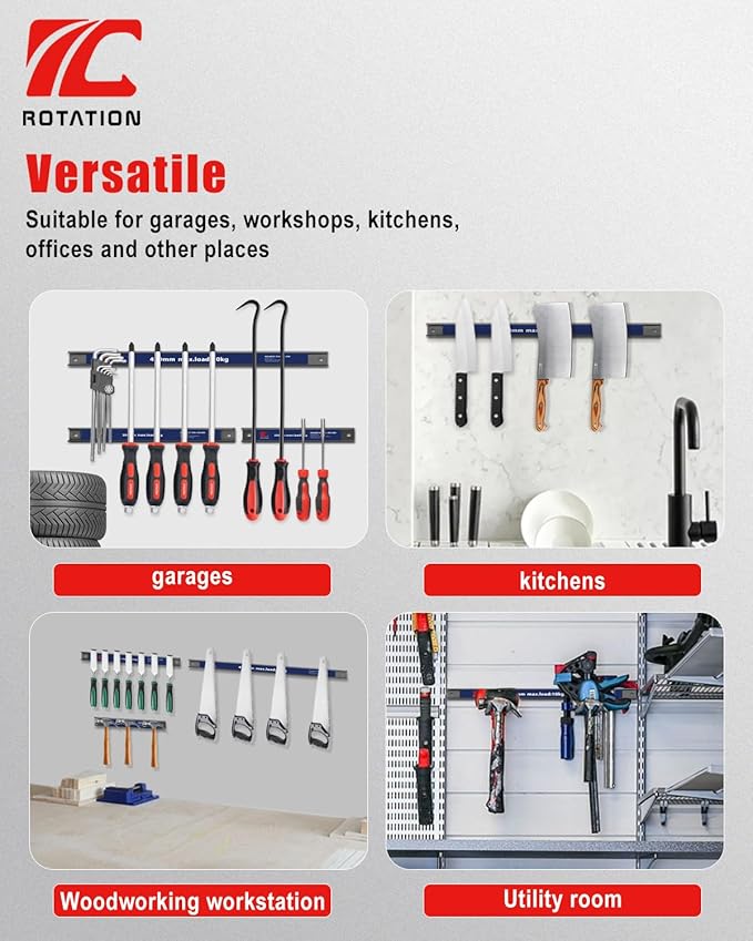 ROTATION Magnetic Tool Holder Set, 18.5”/11.8”/7.8”, 3-Piece Multi-Size Workshop Garage Kitchen Organizer, Heavy Duty Magnet Strips with Mounting Hardware
