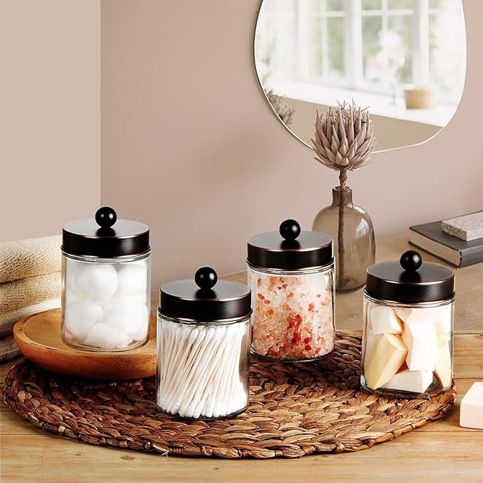 Amolliar 6 Pack Apothecary Jars Bathroom Vanity Organizer- Rustic Farmhouse Decor Storage Canister with Stainless Steel Lids- Qtip Dispenser Holder for Q-Tips,Cotton Swabs,Rounds,Ball,Flossers