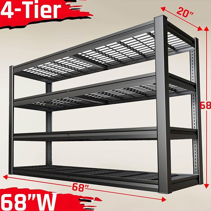 68" Wide Heavy Duty Garage Shelving Units, 4-Tier Deep Storage Shelves,Black Metal Garage Shelves,Steel Shelf,Large Storage Rack,Industrial Shelving for Shop, 68" W x 20" D x 68" H