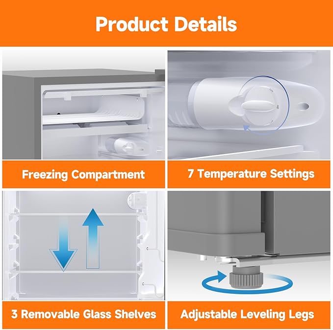 4.3 Cu.Ft Mini Fridge with Freezer, Single Door Refrigerator With 7 Settings Temperature Adjustable and 3 Removeble Shelves, Low Noise, Dorm Fridge, Mini Refrigerator for Bedroom, Office, Dorm
