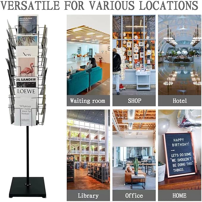 TONGMO 36-Pocket Rotating Magazine Rack Stand, Floor Spinner Display for Magazines, Comic Books, Brochures, A4 Organizer for Office, Bookstore, Home, Reception