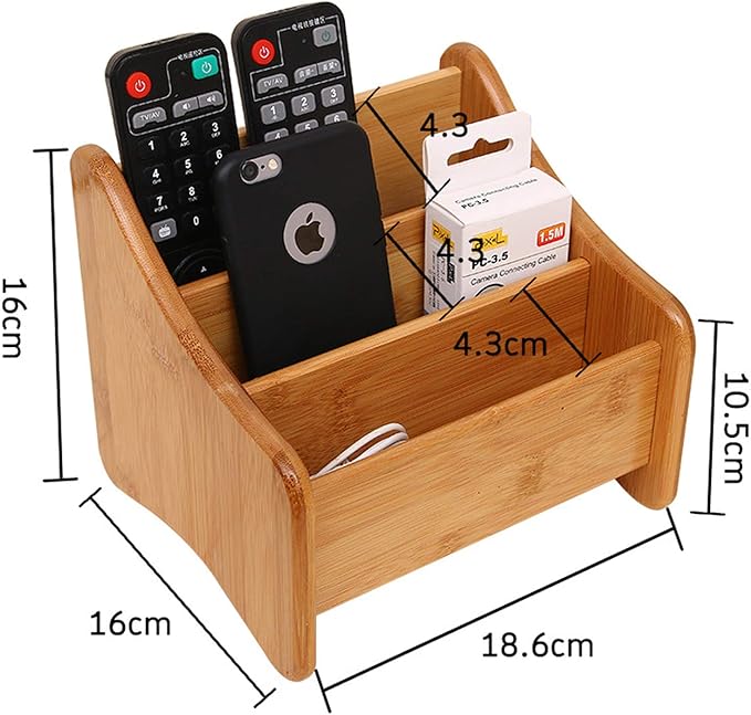 VolksRose Desk Remote Control Holder Multi-Function Coffee Table Office Supplies Storage Organizer, Home Sundries Bamboo Storage Box with 3 Compartments Perfect for Makeup, TV Guide, Pen, Caddy #1