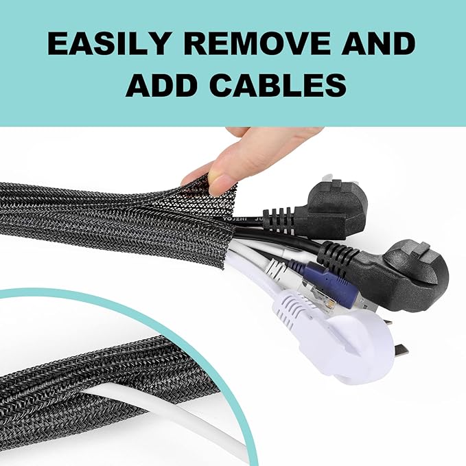 AGPTEK Cable Sleeve Cover, 20ft - 1.2 inch Desk Cord Organizer Cable Hider, Home Office Wire Management Computer TV Wire Loom Tubing, Pet Proof Cord Protector, from Cat Dog Chewing, Black