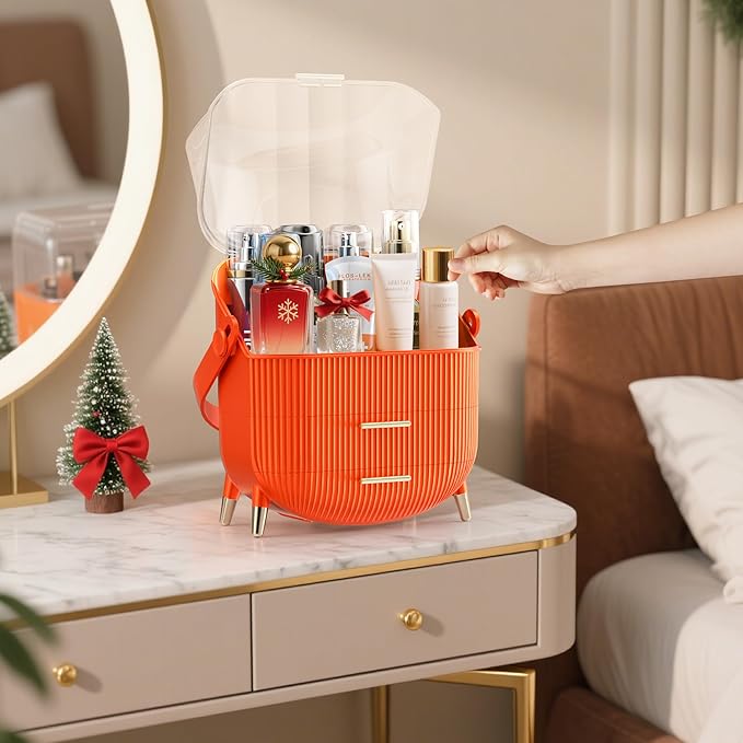 MASSY Egg Shape(Oval) Makeup Storage Box, Countertop Portable Vanity Cosmetics Organizer Preppy