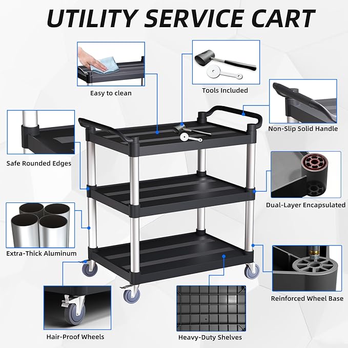 3 Tier Rolling Cart with Hair-Proof Wheels, Plastic Utility Service Cart, Heavy Duty 350 Lbs Capacity, Solid Handle, Commercial Serving Cart for Home/Office/Restaurant/Warehouse.34.2"×17"×37"