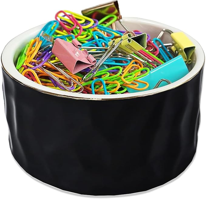 Paper Clip Holder Ceramic Paper Clip Holders Paperclips Holder Dispenser Cute Gold Line Paper Clip Organizer for Desk Binder Clip Holder Bobby Pin Hair Clip Holder Gift for Office Black