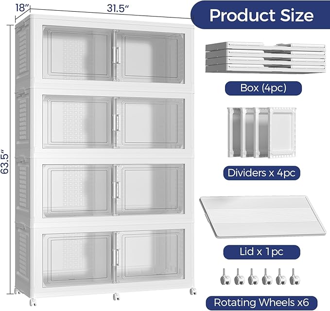 200Gal Stackable Storage Bins with Lid, 800Qt Extra Large Collapsible Storage Box with Wheels, Dividers, Folding Plastic Cabinet Closet Organizers for Home Kitchen Office Dorm, 4Pack White