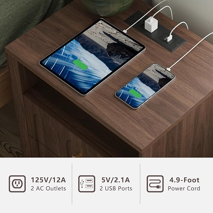 Nightstand Set of 2 with Charging Station, Mid Century Modern Nightstand with Arched Design,Minimalist End Table with Wood Grain Texture, Bedside Table for Bedroom Living Room, Walnut