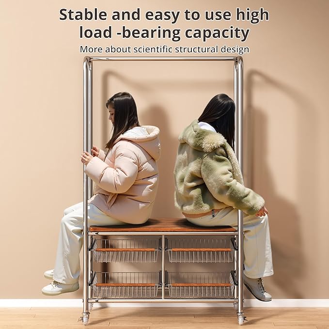Rolling Clothing Garment Rack for Hanging Clothes–Portable Indoor Wardrobe Closet Organizer Shelves Metal Hanger Stand Heavy Duty Coat Drying Storage Racks with Wheels 15.7"Dx37"Wx67.7"H Chrome