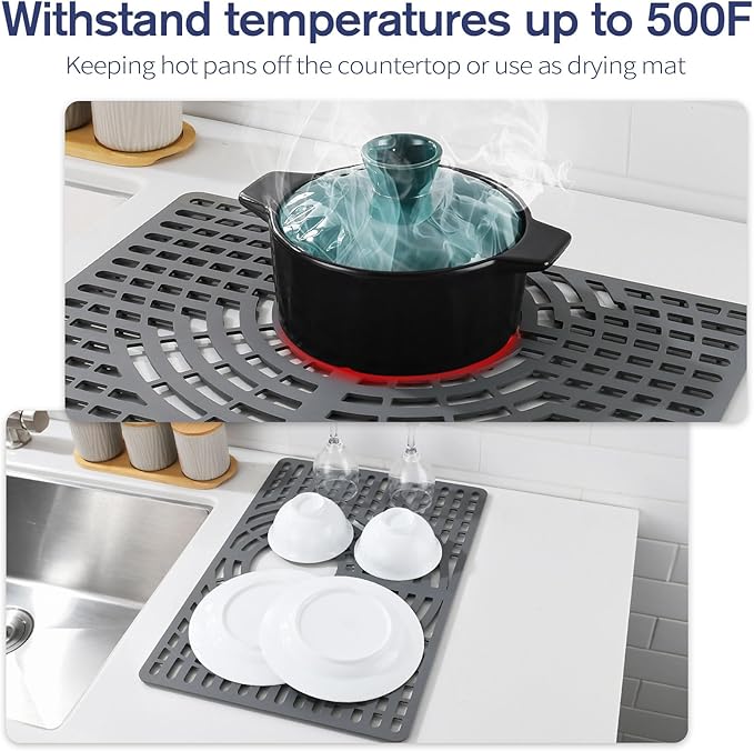 Silicone Sink Protector 19"x13" Rear Drain Hole, Heat Resistant Non-slip Dishwasher Suitable, Sink Mat for Bottom of Farmhouse Kitchen Stainless Steel Sinks(Grey)