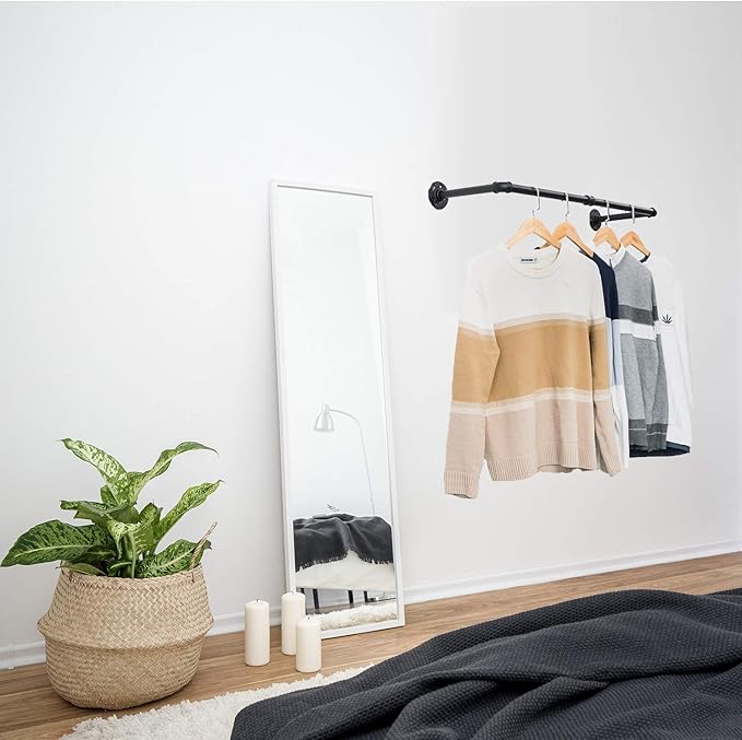 Industrial Pipe Clothes Rack with 3 S-Shaped Hooks, 36’'L Wall Mounted Garment Rack, Heavy Duty Iron Garment Bar, Clothes Hanging Rod Bar for Laundry Room, Max Load 135Lb Black (2 Package)