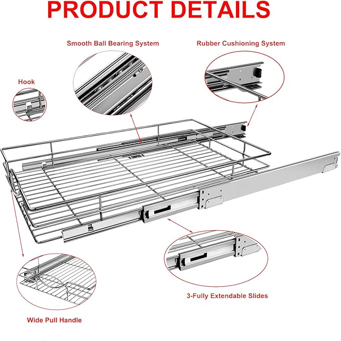Pull Out Cabinet Drawer Organizer, 14”W x 21”D - Requires At Least 15 Cabinet Opening, Heavy Duty Slide Out Shelves, Sliding Drawer Storage for Kitchen, Bathroom, Chrome Finish