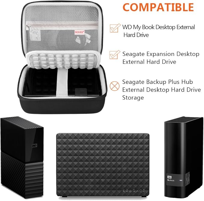 BOVKE Hard Drive Case for WD Elements My Book Seagate Expansion Desktop External Hard Drive HDD 6TB 8TB 10TB 12TB 14TB 16TB 18TB 22TB 24TB 26TB 28TB, 3.5 Inch Portable Desktop HDD Carrying Case, Black