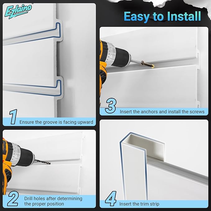 Ezlaino Slatwall Panel 4FT x 4FT, PVC Slat Wall Storage System, Waterproof, Durable& Easy to Install, Compatible with Most Hooks, Ideal for Garage Storage & Home Decoration, White