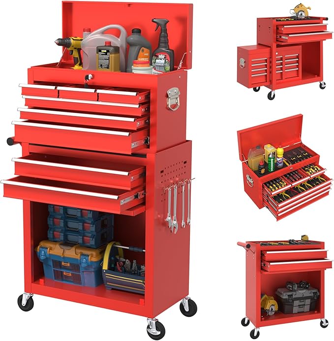 8-Drawer Heavy Duty Tool Chest with Wheels - Industrial Rolling Tool Box, Lockable Drawers & Smooth Glide System for Mechanics, Garage, Auto Repair Shop(Red)