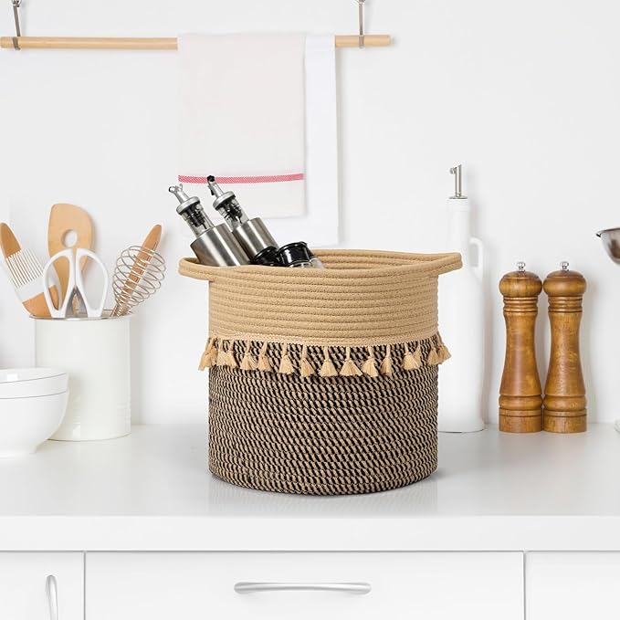 danpinera Pack of 3 Storage Baskets, 11"x11" Round Woven Baskets, Cotton Rope Basket for Storage Pillows, Towels, Toy, Clothes, Magazines, Black & Brown