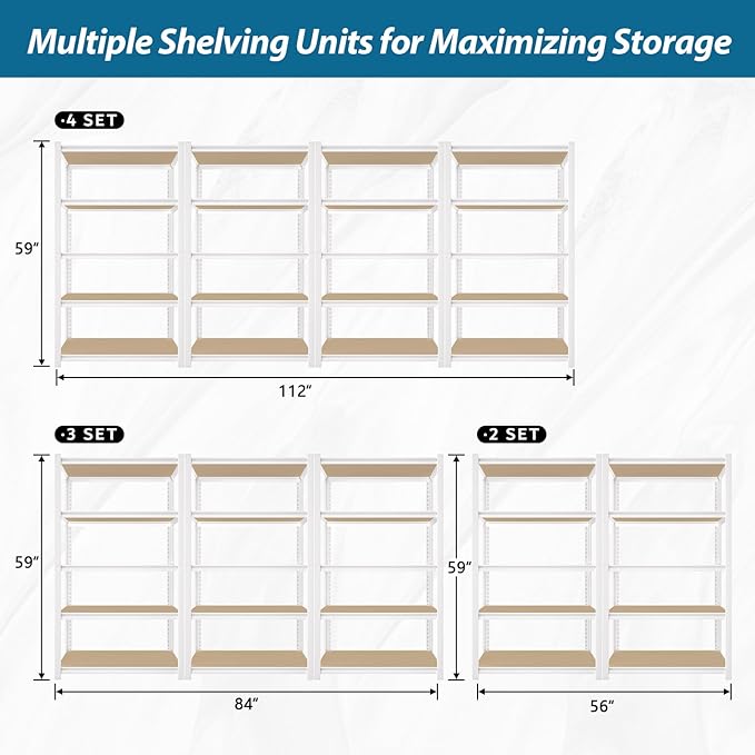 PrimeZone 28" W x 12" D x 59" H Closet Storage Shelves - 5 Tier White Metal Connector Shelving, Adjustable Heavy Duty Garage Shelves, Utility Rack Organizer Shelf for Kitchen Pantry Closet, 4 PCS