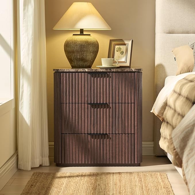 Fluted Nightstand Set of 2, Engineered Wood Bedside Table with 3 Drawers, Modern End Table with Faux Marble-Top, Curved Corners, Metal Handle, Large Night Stand for Bedroom, Office, Closet, Dark Oak