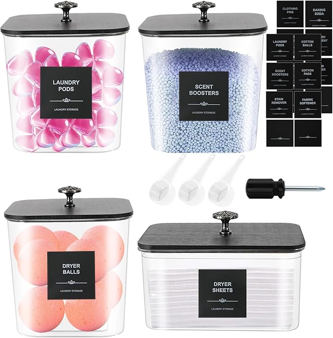 4 Pack Laundry Pods Container & Dryer Sheet Holder - Clear Plastic Laundry Room Organization Storage Containers with Black Lids, Scoops & Labels for Detergent Pods, Powder, Scent Boosters, Beads