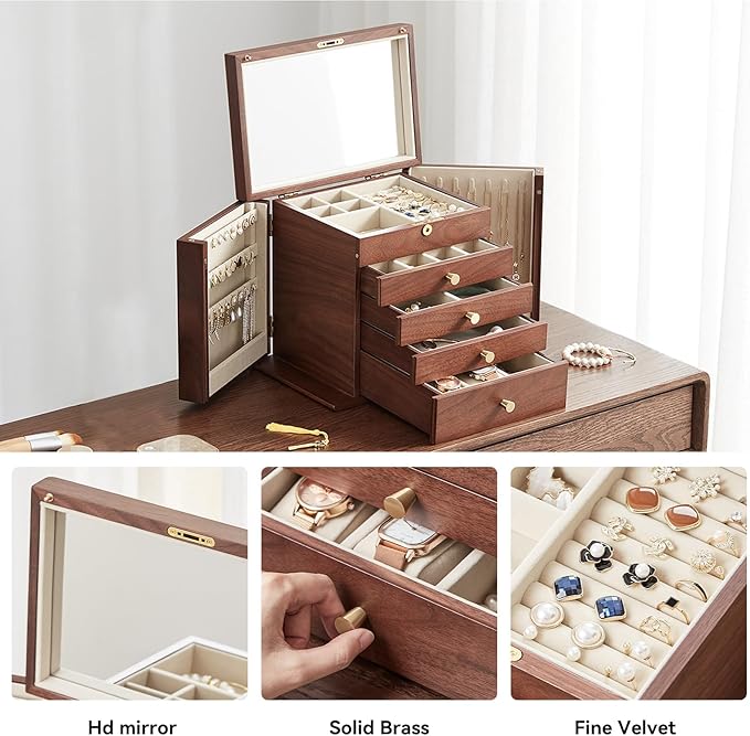 CHOSIN Black Walnut Wooden Jewelry Box for Women with Mirror, 5 Drawers and 2 Side Doors for Watches, Necklaces, Rings, Earrings Storage Christmas Gifts