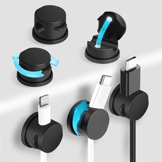 6pcs Magnetic Cord Organizer, 360° Swiveling Adhesive Cable Clips - Compact Cord Holder for Nightstand, Desk, Car, Kitchen & Home Office - Charger Holder Management Solution by MarLigavid (Black)