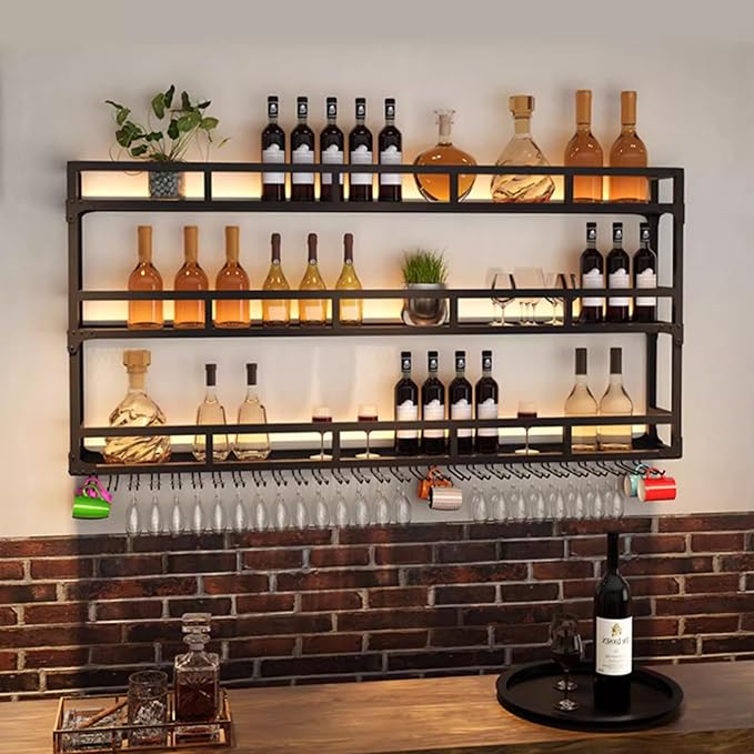 Wall Mounted Wine Rack, Wine Rack Wall Mounted with Wine Glass Rack, Metal Bar Bottle Display Shelf Wine Cups Hanging Holder, for Home Bar Cafe Dining Room Decoration (BLACK, 39.1*10*35.5IN)