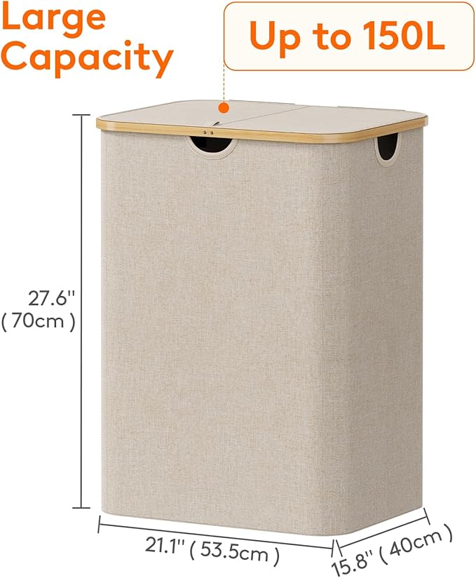 Lifewit 150L Laundry Basket with Lid, Clothes Hampers for Laundry with Bamboo Handles and A Removable Bag, Large Foldable Laundry Hamper for Bedroom, Bathroom, Dorm, Laundry Room, Beige