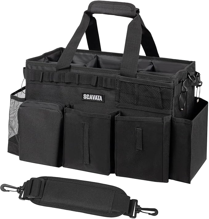 Wearable Cleaning Caddy Bag, Supplies Organizer with Handle & Shoulder Straps for Housekeepers, Under Sink & Car Cleaning Tool Organizer with 4 Foldable Dividers (Black)