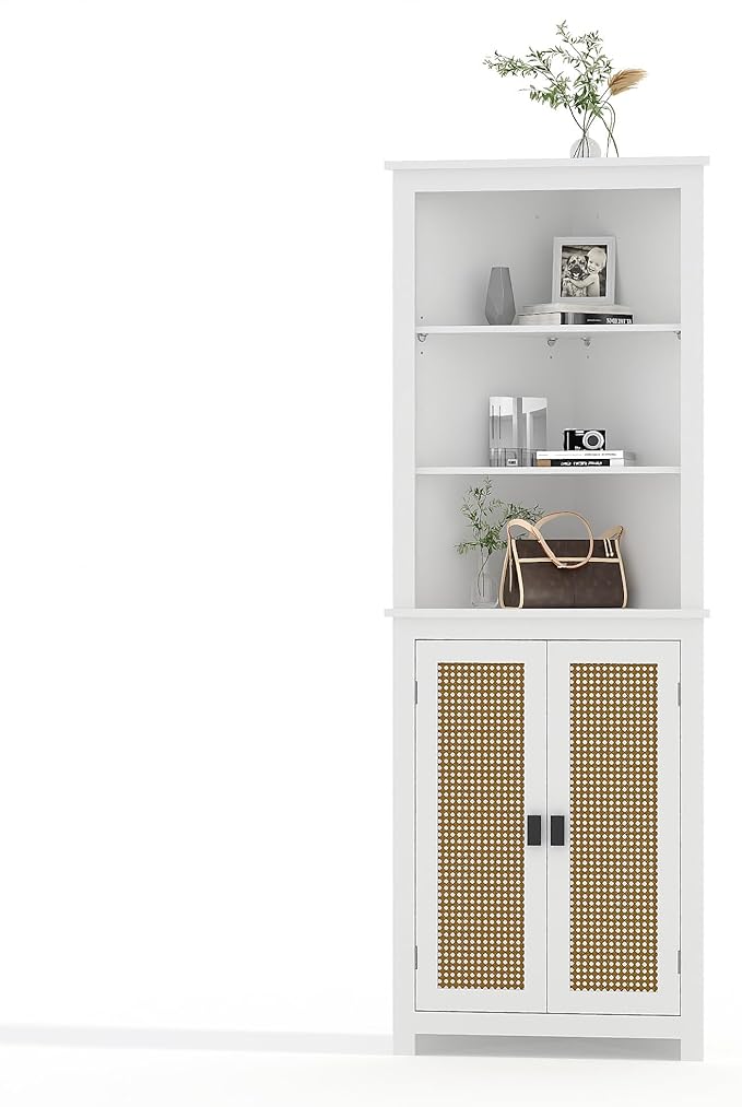 64 inch Farmhouse Corner Cabinet with 2 Barn Doors, Tall White Storage Cabinet with Adjustable Shelves, Multi-Purpose Buffet Pantry for Bathroom, Kitchen, Dining Room