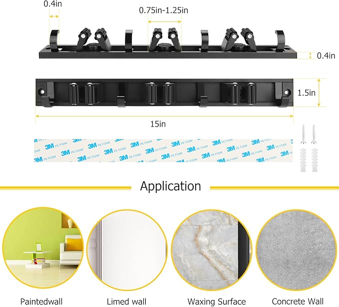 SLIIMU Movable 15'' Broom and Mop Holder Wall Mount with Sliding 3 Racks 4 Hooks, Storage Organizer Wall Hanger, Cleaning Tool Hanging Grippers for Kitchen Bathroom Garden Garage Laundry Home Closet