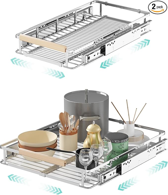 2Pack Expandable Pull Out Cabinet Organizer, Adjustable Width:12.3~18.5''W x 22.5''D Under Sink Organizer, Drawer Storage Shelves for Kitchen, Bathroom, Closet, Pantry, Cupboard, Pots, Pans
