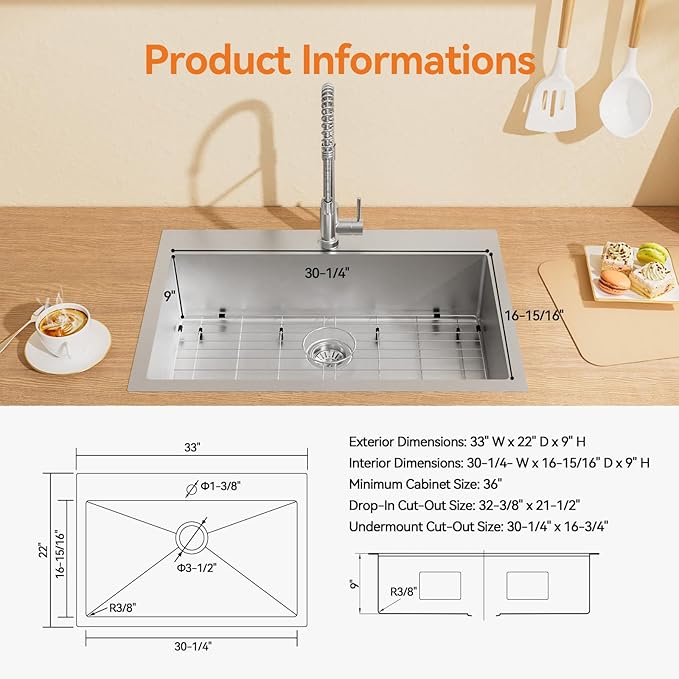 33 x 22 Drop-In/Undermount Kitchen Sink, TECASA Single Bowl Kitchen Sink with Pull Down Faucet, 18-Gauge T-304 Stainless Steel Basin with Accessories