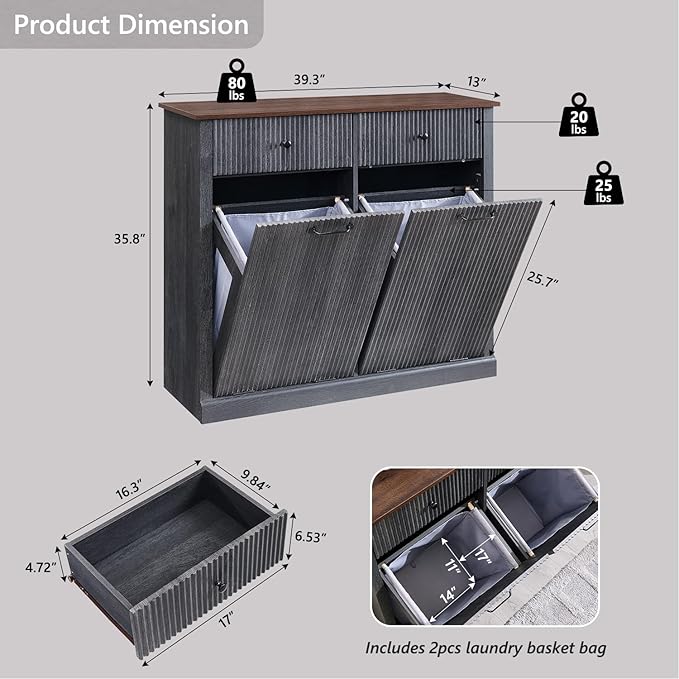 Modern Double Tilt-Out Laundry Hamper Cabinet, 20 Gallon Fluted Trash Can Cabinet w/2 Drawers, Wooden Hidden Garbage Can Cabinets w/Laundry Basket, Free Standing for Bathroom and Kitchen, Grey