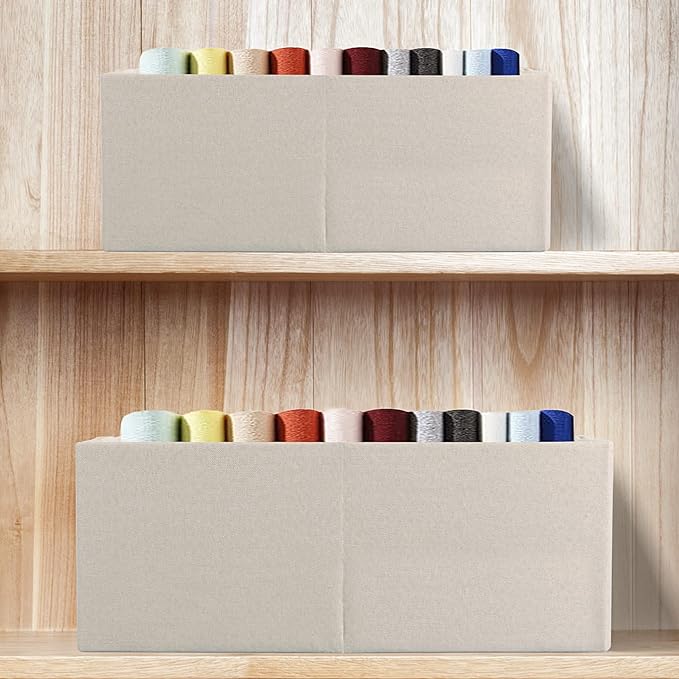 Fabric Storage Bin 3 Pack Foldable Cotton Linen Storage Basket with Wooden Handles Rectangular Cube Box - Beige, Medium