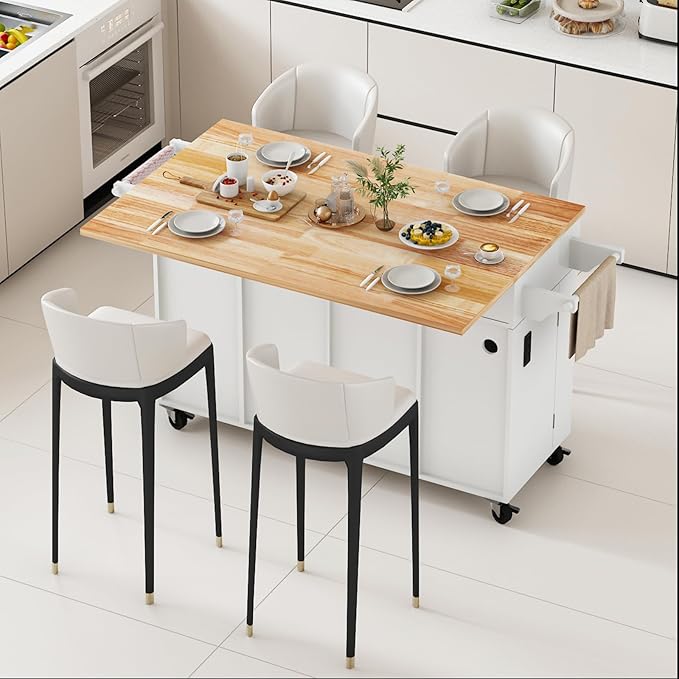 59’’ Rolling Kitchen Island Cart with Drop Leaf and Power Outlet, Movable Kitchen Islands with 3-Tier Door Storage Shelf, Island Table on Wheels, 2 Large Drawers, Towel Racks, White