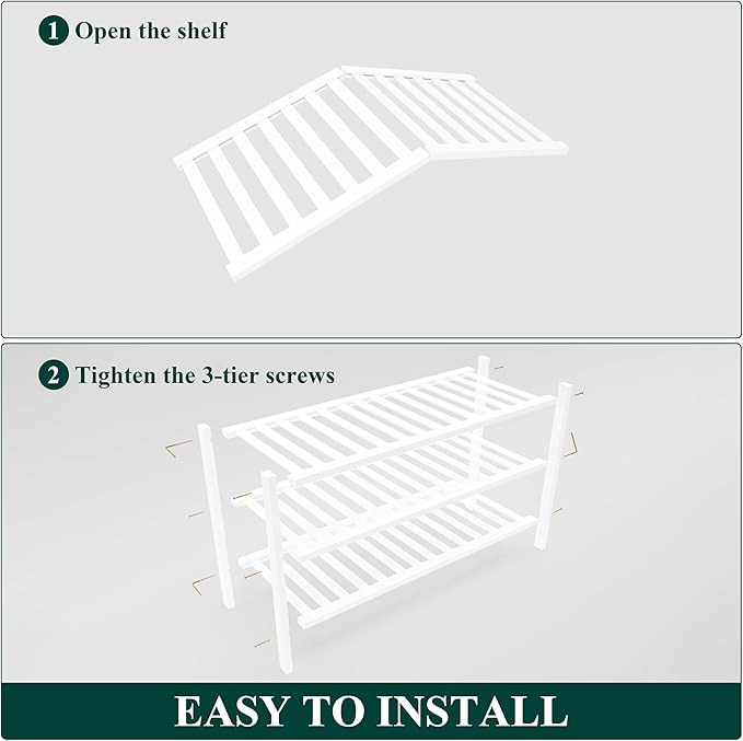 Smiry Bamboo Shoe Rack for Closet, 3 Tier Wooden Stackable Shoe Organizer, Free Standing Shoes Storage Shelf for Entryway, Front Door Entrance, White